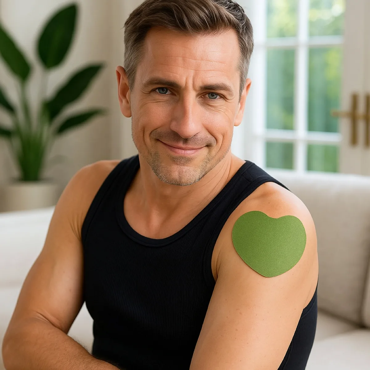 Man with a VerdiaShoulder patch applied to his shoulder