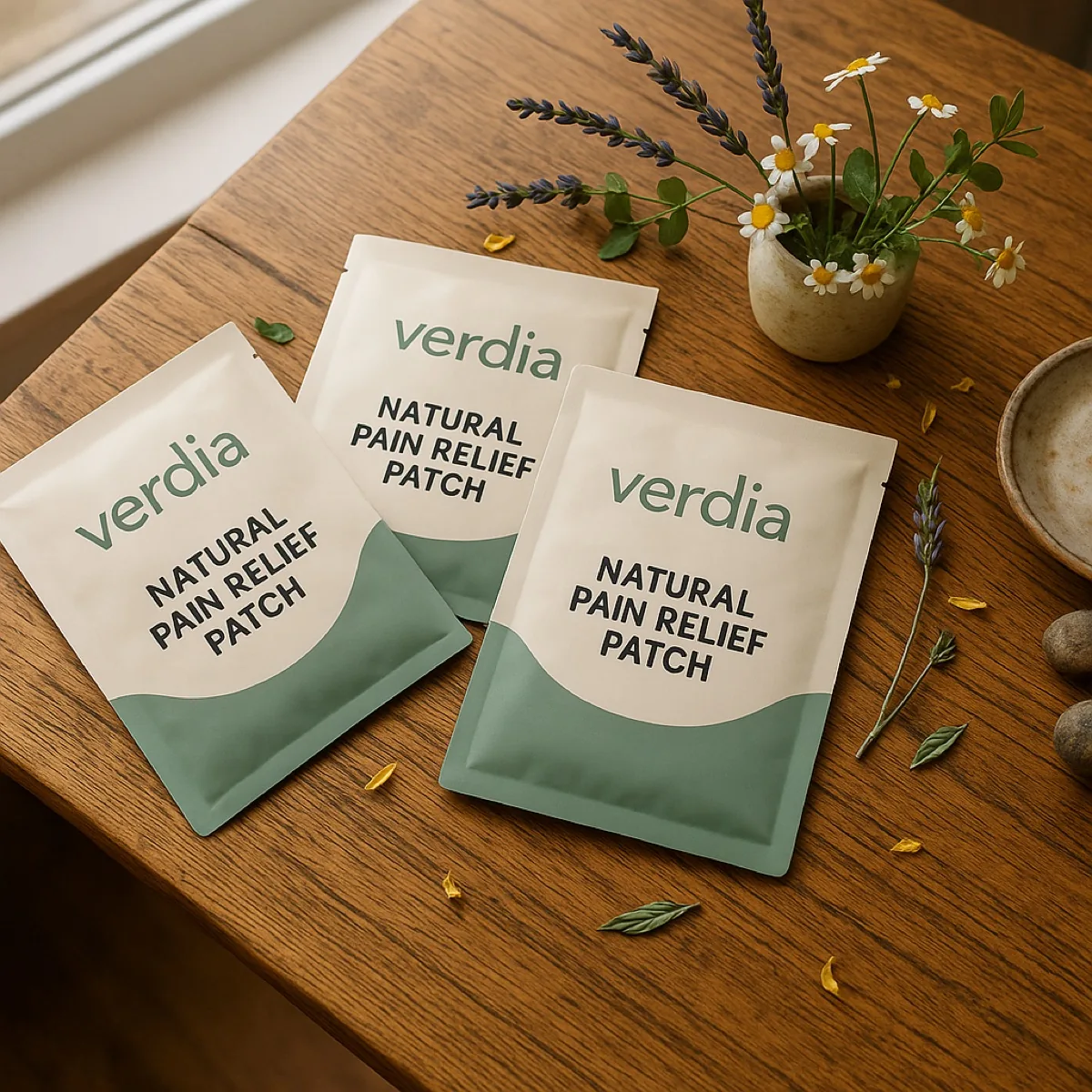 Three Verdia natural pain relief patch sachets laid out on a wooden table with lavender and chamomile.