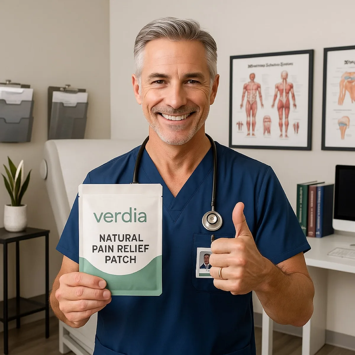 A smiling clinician in scrubs holding a Verdia natural pain relief patch pack, anatomy charts behind him.