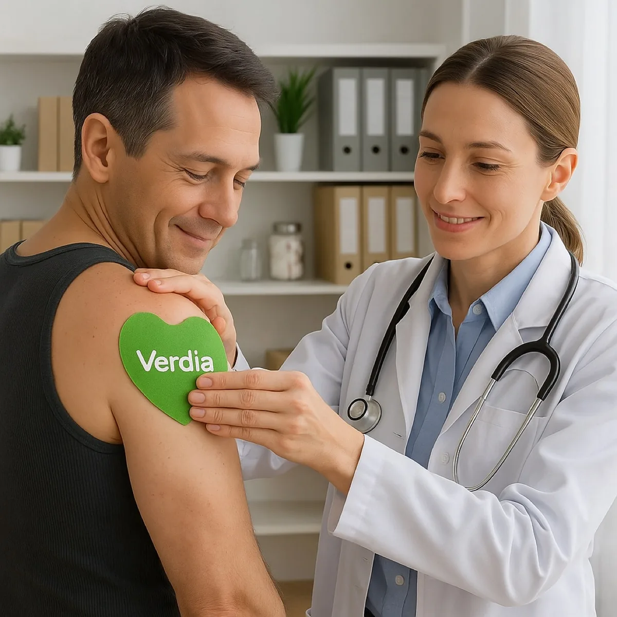 A doctor applying a VerdiaShoulder patch to a patient's shoulder