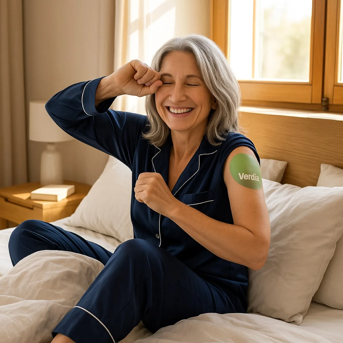 A woman waking in navy pyjamas, stretching, a patch on her shoulder.