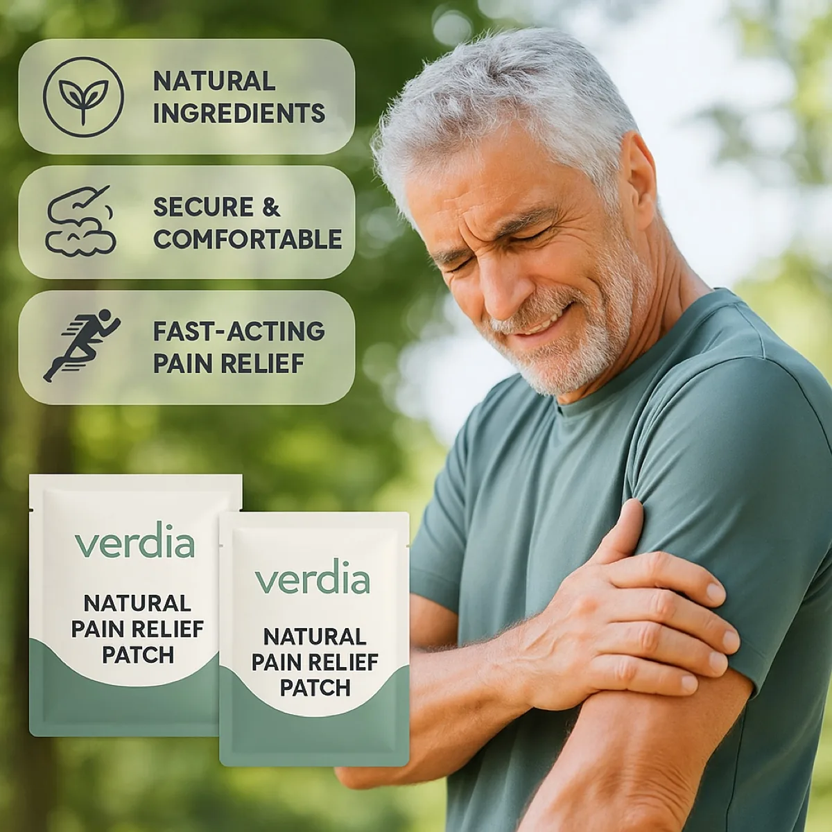 Man holding his shoulder showing discomfort, beside two VerdiaShoulder packs