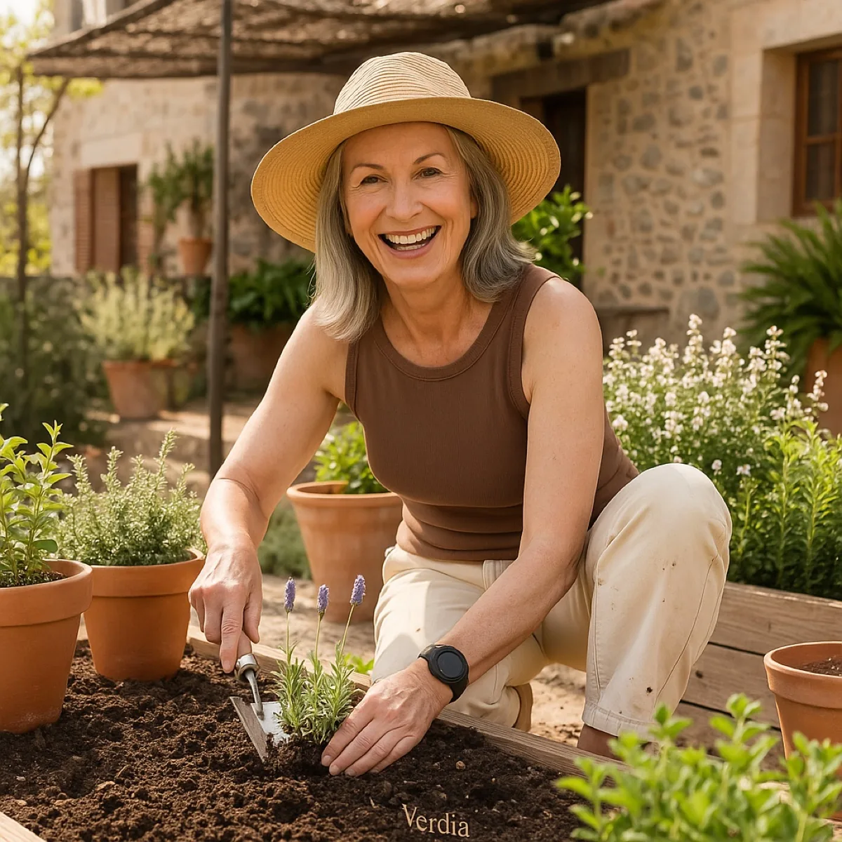 A smiling woman in a sun hat planting herbs in a terracotta pot garden.