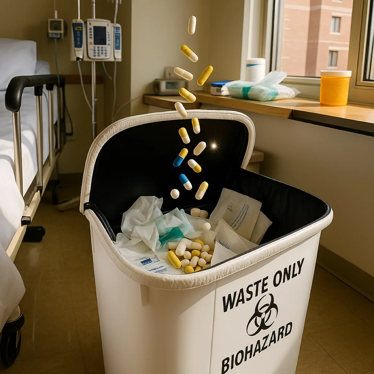 Pills and blister packs being thrown into a hospital waste bin.