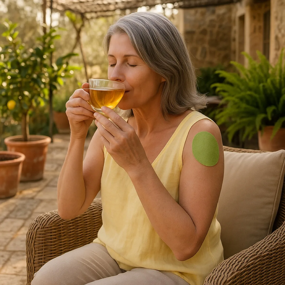 A woman relaxing outdoors with a cup of tea, a patch on her shoulder.