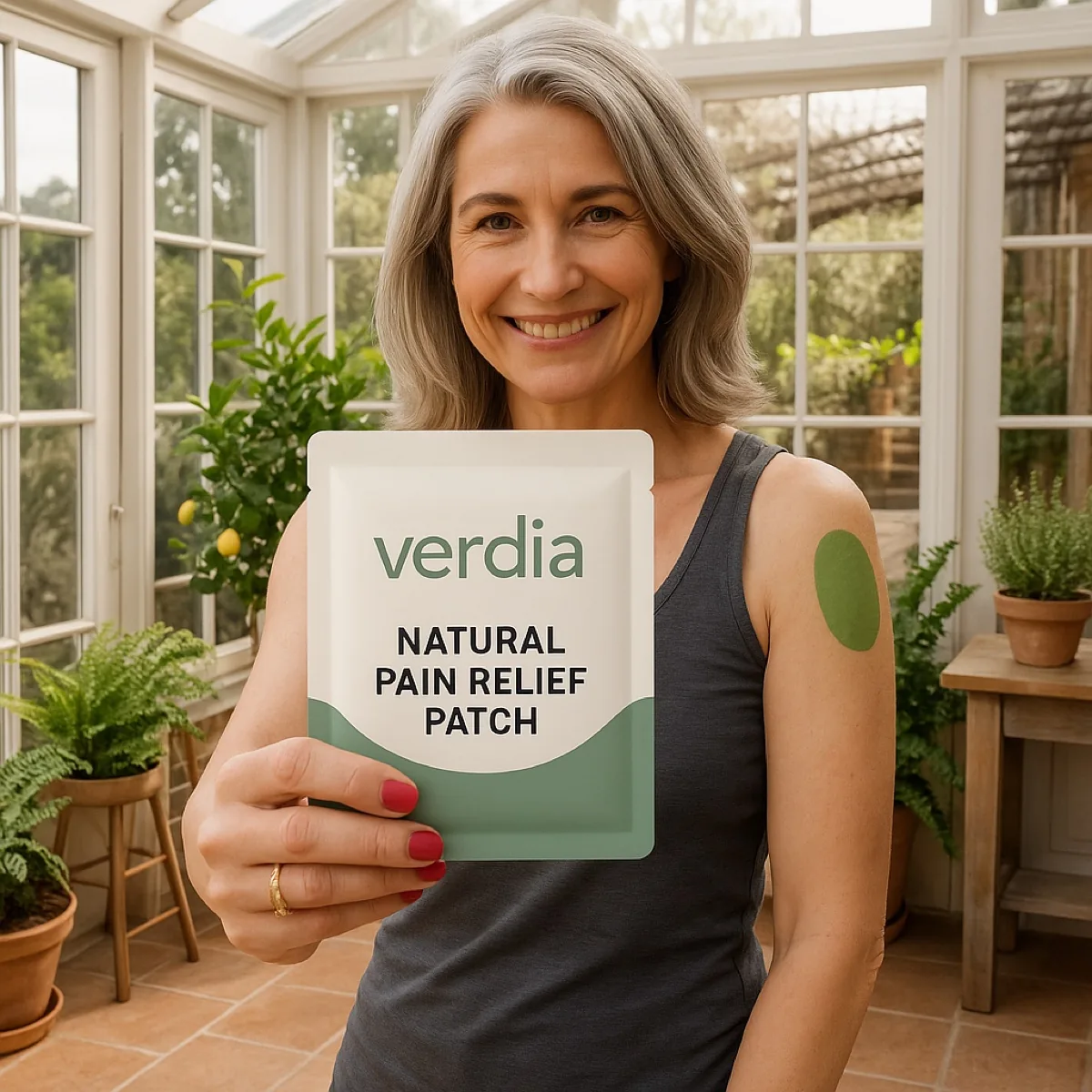 A woman in a bright conservatory holds a Verdia natural pain relief patch pack, a patch worn on her shoulder.