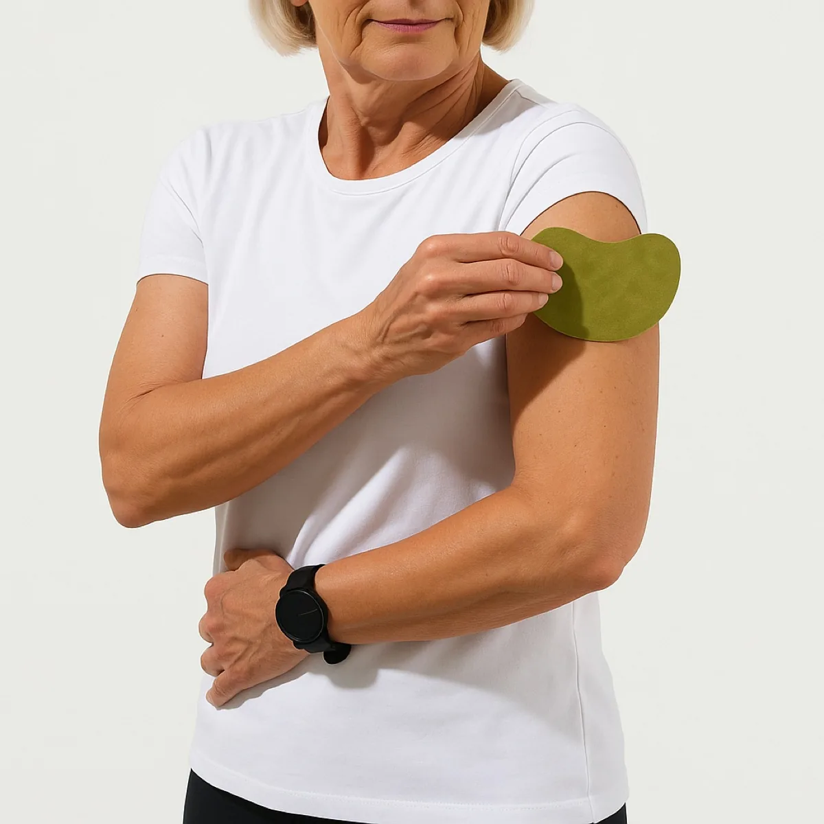 A person in a white t-shirt holds up a Verdia natural pain relief patch sachet.